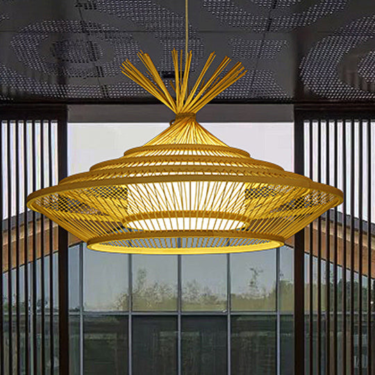 Chinese Restaurant Pendant Light With Unique Urn Cage And Barrel Shade