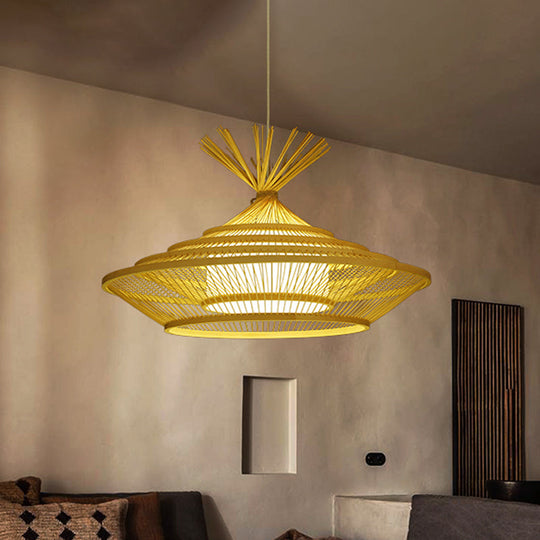 Chinese Restaurant Pendant Light With Unique Urn Cage And Barrel Shade