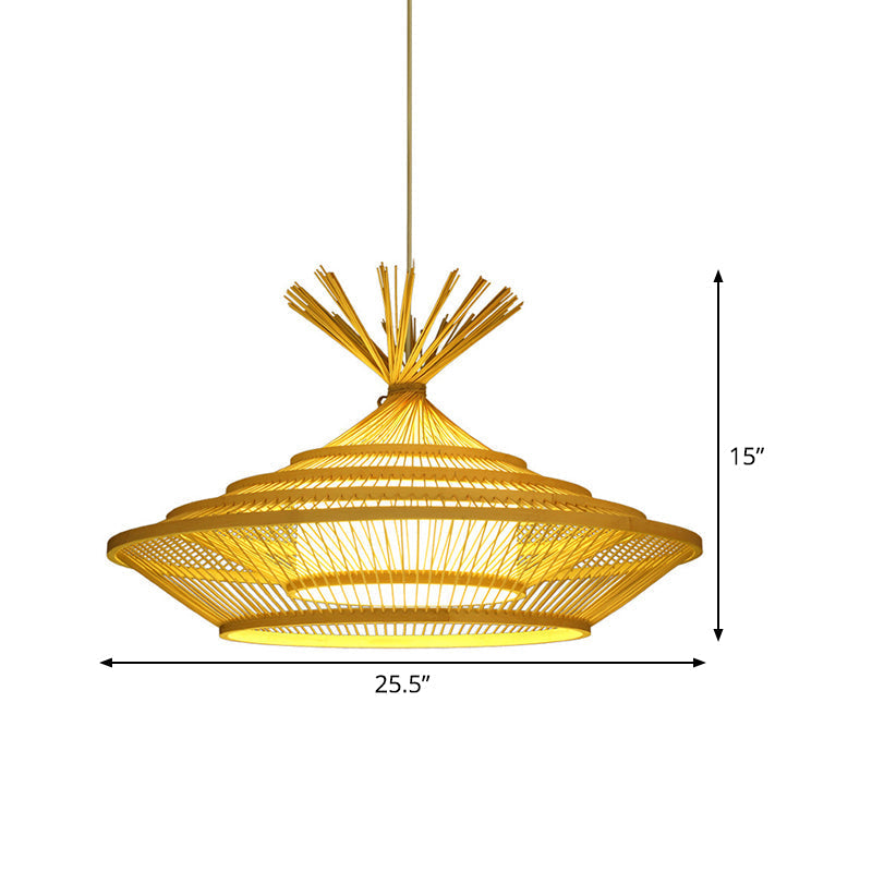 Chinese Restaurant Pendant Light With Unique Urn Cage And Barrel Shade