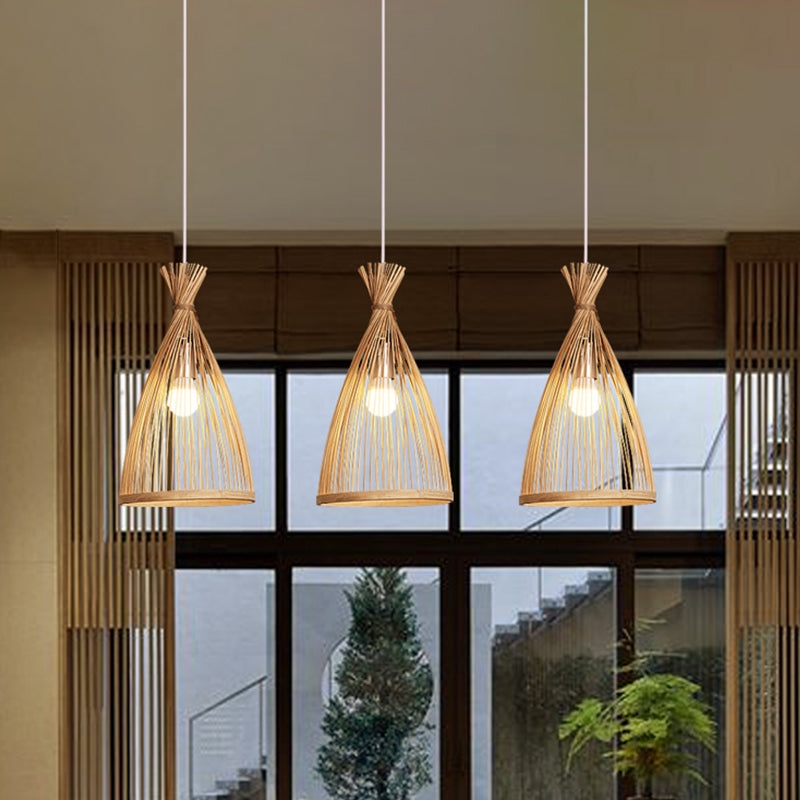 Japanese Bamboo Cage Pendant Lamp - Tapered Wood Design 1 Head Suspended Lighting Fixture