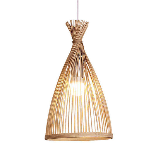 Japanese Bamboo Cage Pendant Lamp - Tapered Wood Design 1 Head Suspended Lighting Fixture