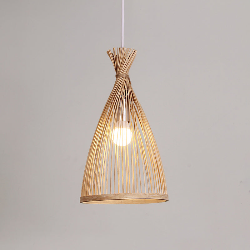 Japanese Bamboo Cage Pendant Lamp - Tapered Wood Design 1 Head Suspended Lighting Fixture