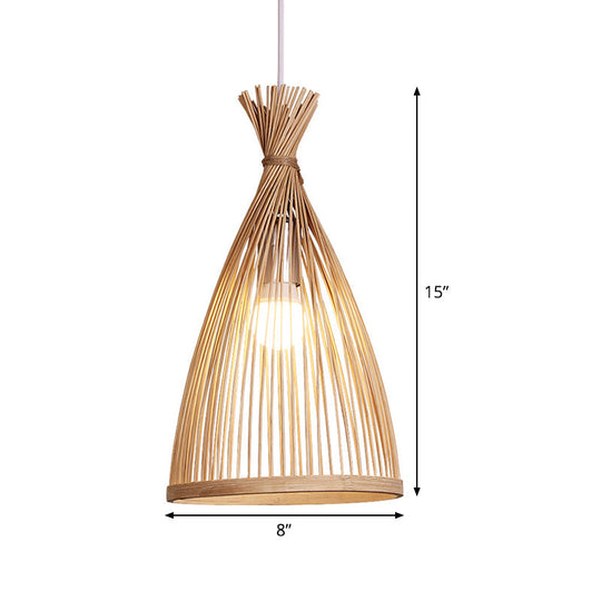 Japanese Bamboo Cage Pendant Lamp - Tapered Wood Design 1 Head Suspended Lighting Fixture