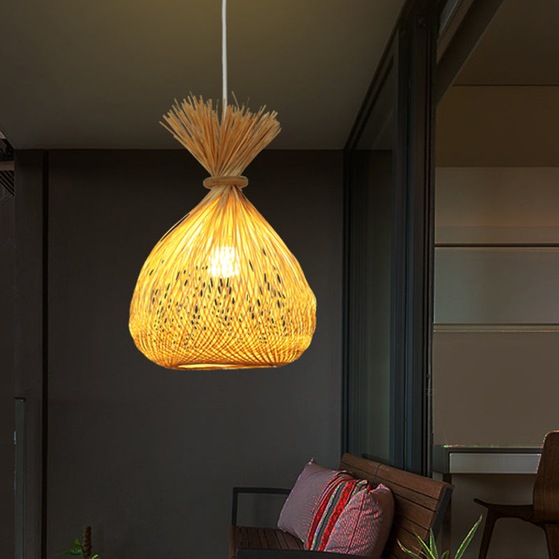 Chinese Bamboo Sack Bag Pendant Ceiling Light - Khaki Cross-Woven Design | Guest Room Lighting