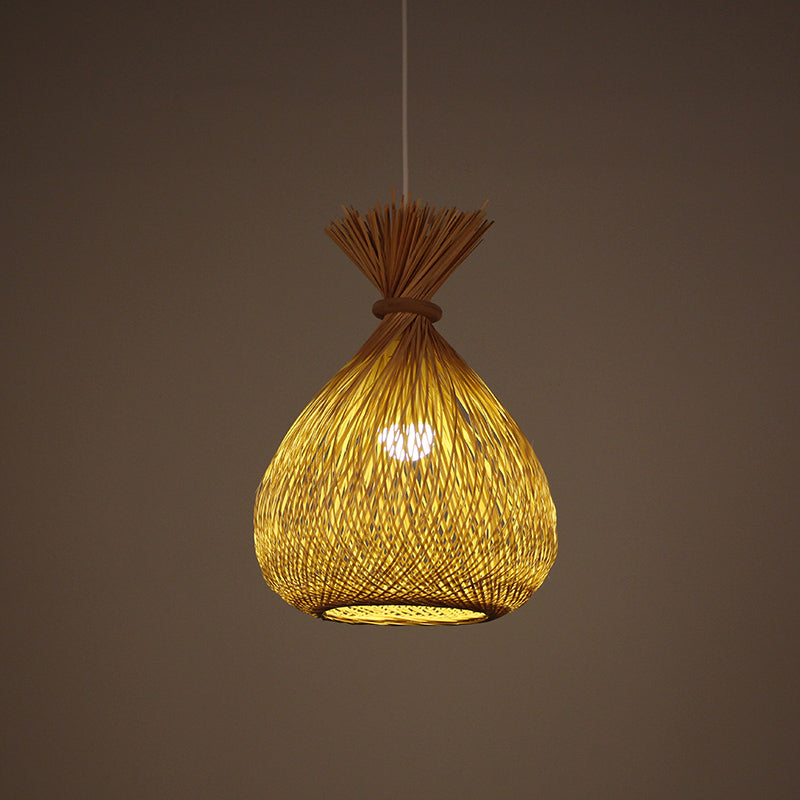 Chinese Bamboo Sack Bag Pendant Ceiling Light - Khaki Cross-Woven Design | Guest Room Lighting