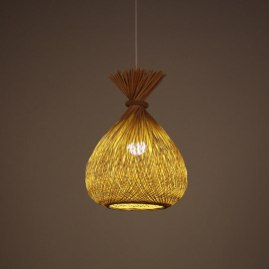 Chinese Bamboo Sack Bag Pendant Ceiling Light - Khaki Cross-Woven Design | Guest Room Lighting