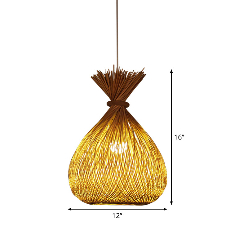 Chinese Bamboo Sack Bag Pendant Ceiling Light - Khaki Cross-Woven Design | Guest Room Lighting