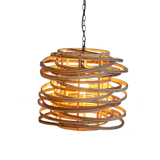 Asian-Inspired Swirling Wooden Head Pendant With Bamboo Shade - Perfect For Massage House Lighting