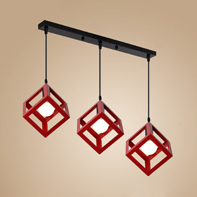 Industrial 3-Head Pendant Light with Squared Metallic Cage, Red/Yellow Canopy for Hallway