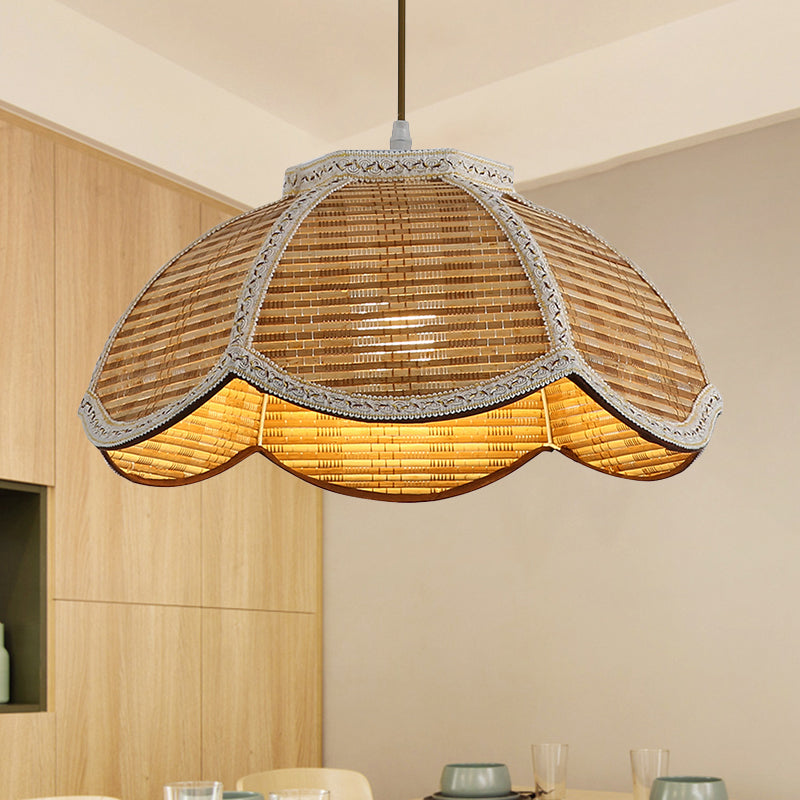 Scalloped Bamboo Hanging Lamp: Handwoven Asian Ceiling Pendant With Braided Trim (1 Bulb) For