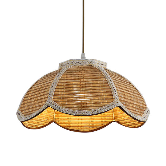 Scalloped Bamboo Hanging Lamp: Handwoven Asian Ceiling Pendant With Braided Trim (1 Bulb) For