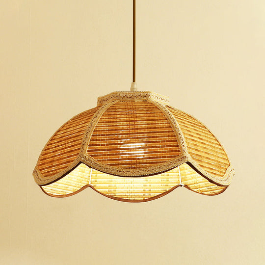 Scalloped Bamboo Hanging Lamp: Handwoven Asian Ceiling Pendant With Braided Trim (1 Bulb) For