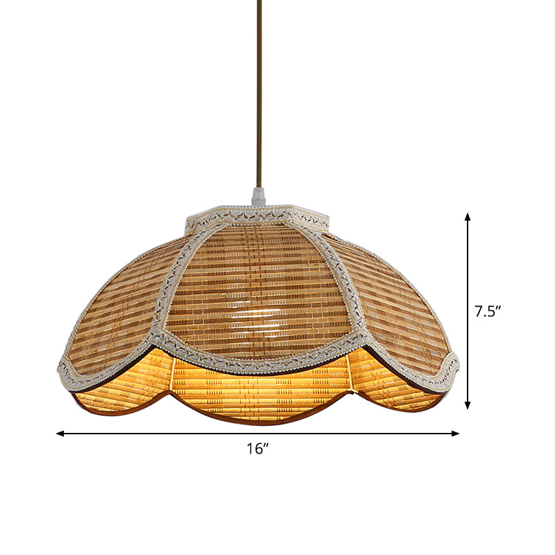 Scalloped Bamboo Hanging Lamp: Handwoven Asian Ceiling Pendant With Braided Trim (1 Bulb) For