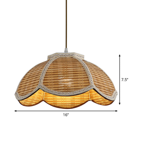 Scalloped Bamboo Hanging Lamp: Handwoven Asian Ceiling Pendant With Braided Trim (1 Bulb) For