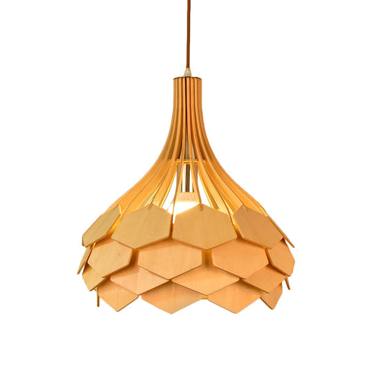 Beige Teardrop Pendant Light Fixture: Asia Wood Single Hanging Lamp With Pinecone Element