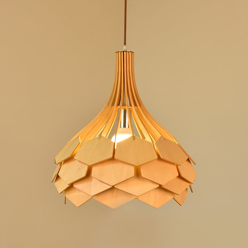 Beige Teardrop Pendant Light Fixture: Asia Wood Single Hanging Lamp With Pinecone Element