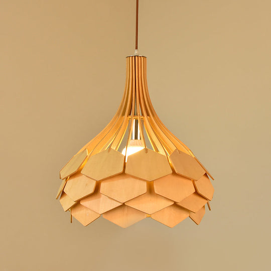 Beige Teardrop Pendant Light Fixture: Asia Wood Single Hanging Lamp With Pinecone Element