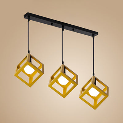 Industrial 3-Head Pendant Light with Squared Metallic Cage, Red/Yellow Canopy for Hallway