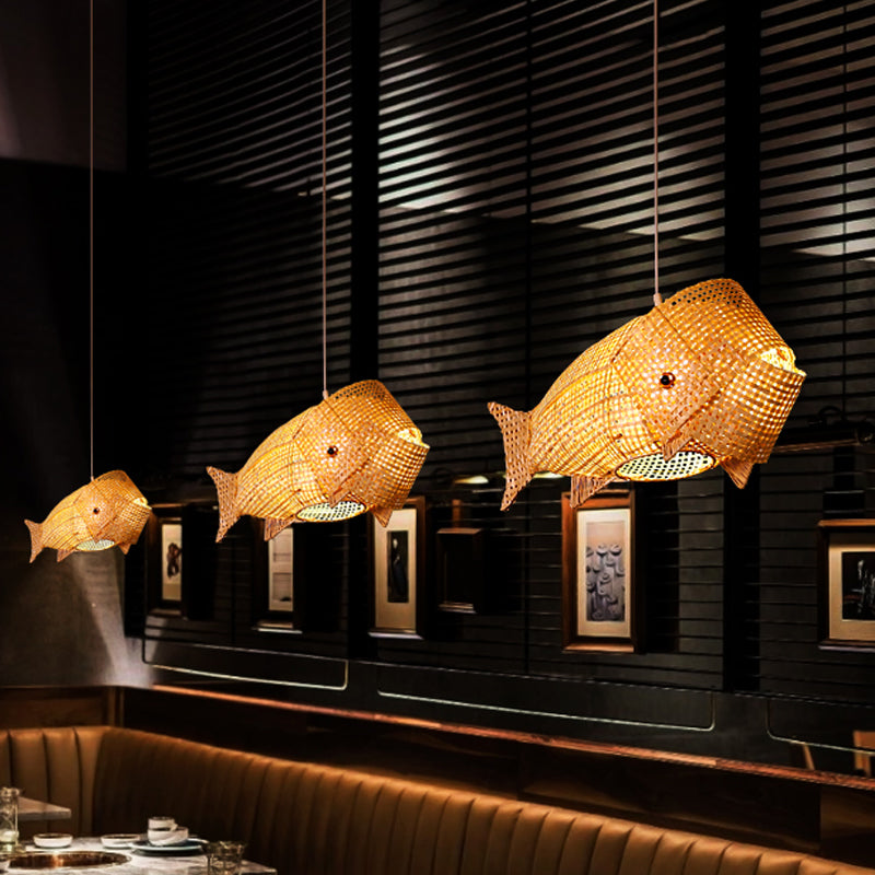 Chinese Ceiling Pendant: Carp Fish Restaurant Hanging Light Bamboo Woven 1-Light Design In Beige