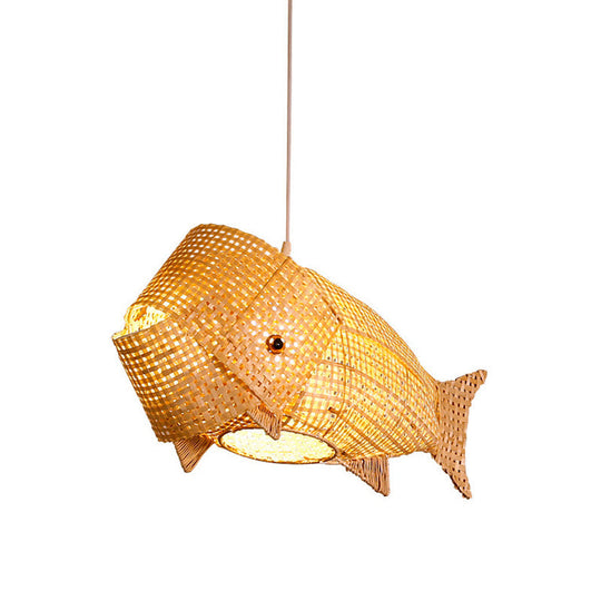 Chinese Ceiling Pendant: Carp Fish Restaurant Hanging Light Bamboo Woven 1-Light Design In Beige