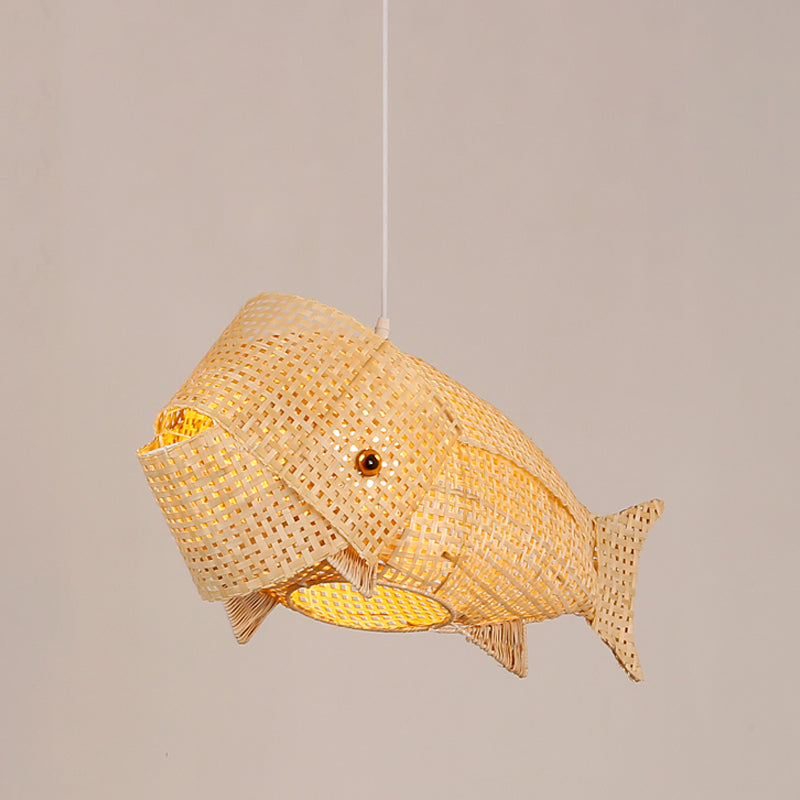 Chinese Ceiling Pendant: Carp Fish Restaurant Hanging Light Bamboo Woven 1-Light Design In Beige