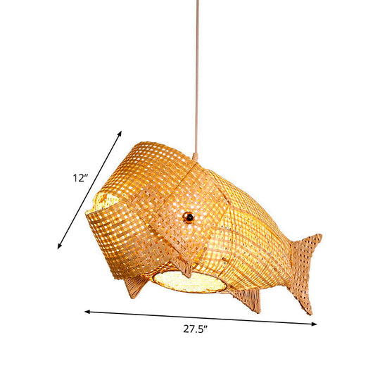 Chinese Ceiling Pendant: Carp Fish Restaurant Hanging Light Bamboo Woven 1-Light Design In Beige