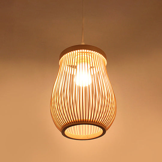 Asia Bamboo Hand-Worked Pear Cage Pendant Terrace Ceiling Light - Wood 1 Bulb