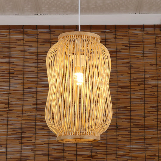 Chinese Style Beige Gourd Cage Pendant Lighting: Single Bamboo Hanging Lamp For Table