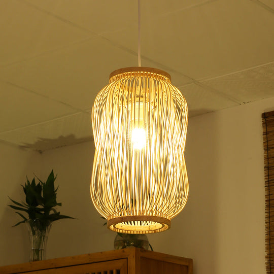 Chinese Style Beige Gourd Cage Pendant Lighting: Single Bamboo Hanging Lamp For Table