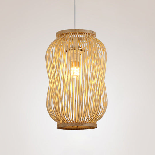 Chinese Style Beige Gourd Cage Pendant Lighting: Single Bamboo Hanging Lamp For Table