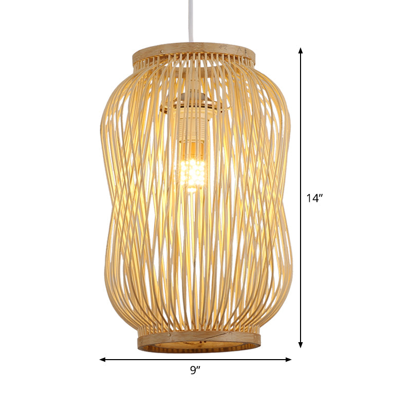 Chinese Style Beige Gourd Cage Pendant Lighting: Single Bamboo Hanging Lamp For Table