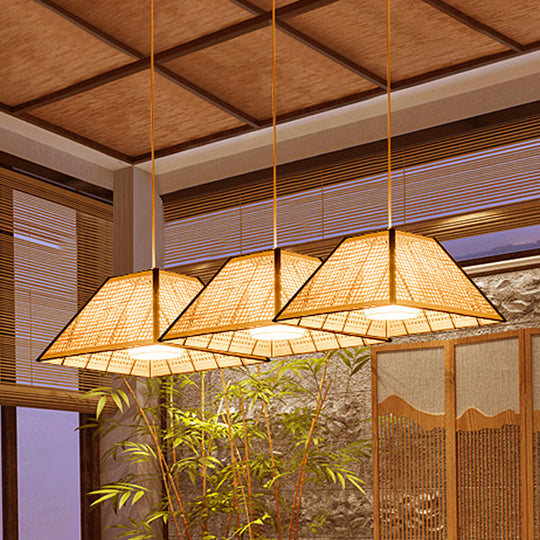 Bamboo Pyramid Pendant Lamp With Gridded Japanese Design For Restaurant Suspension Lighting