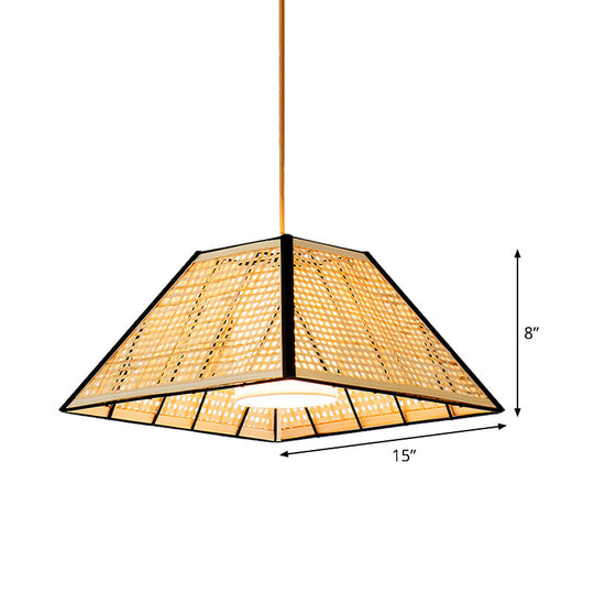 Bamboo Pyramid Pendant Lamp With Gridded Japanese Design For Restaurant Suspension Lighting