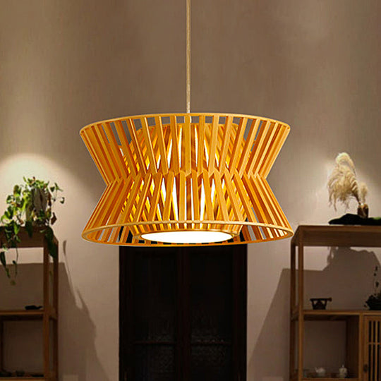 Curvaceous Asian Wood Pendant Light - Beige Suspended Lighting Fixture (1-Light 16/19.5 Wide)