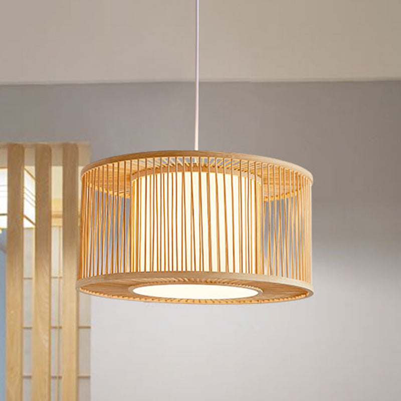 Bamboo Bistro Pendant Light - Handmade Drum Cage Asian Hanging Lamp Kit 1 Bulb With Inner Shade