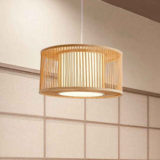 Bamboo Bistro Pendant Light - Handmade Drum Cage Asian Hanging Lamp Kit 1 Bulb With Inner Shade