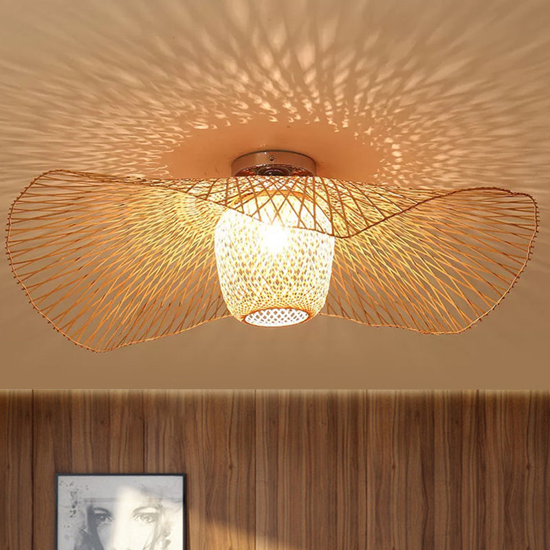 Bamboo Weave Clothing Store Ceiling Light Fixture - Modern & Stylish Floppy Hat Design, 1-Light, 25.5"/29.5" Wide in Wood