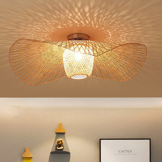 Bamboo Weave Clothing Store Ceiling Light Fixture - Modern & Stylish Floppy Hat Design, 1-Light, 25.5"/29.5" Wide in Wood