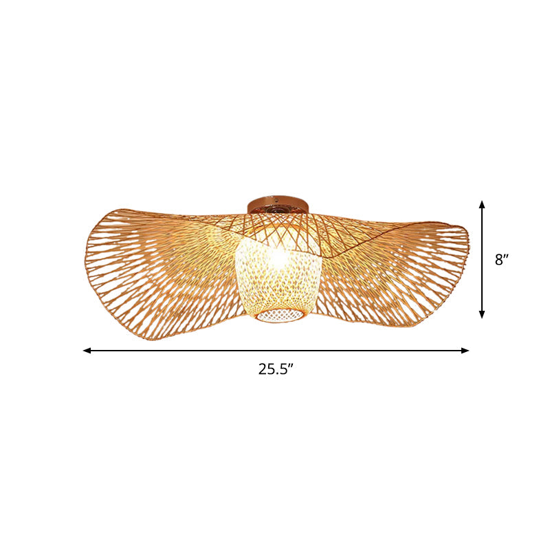 Bamboo Weave Clothing Store Ceiling Light Fixture - Modern & Stylish Floppy Hat Design, 1-Light, 25.5"/29.5" Wide in Wood