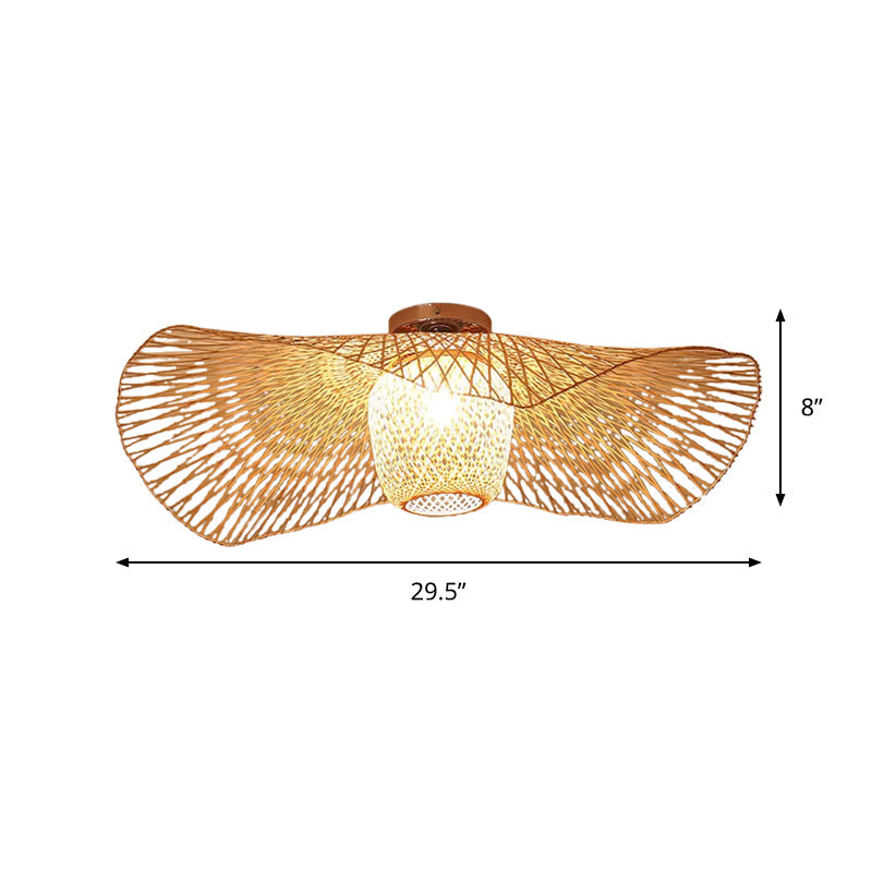 Bamboo Weave Clothing Store Ceiling Light Fixture - Modern & Stylish Floppy Hat Design, 1-Light, 25.5"/29.5" Wide in Wood