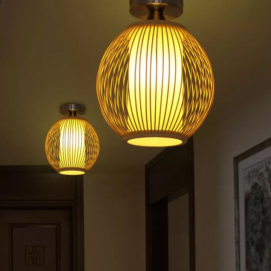 Asia 1-Head Ceiling Mounted Wood Pear/Globe Light Fixture with Bamboo Cage and Shade