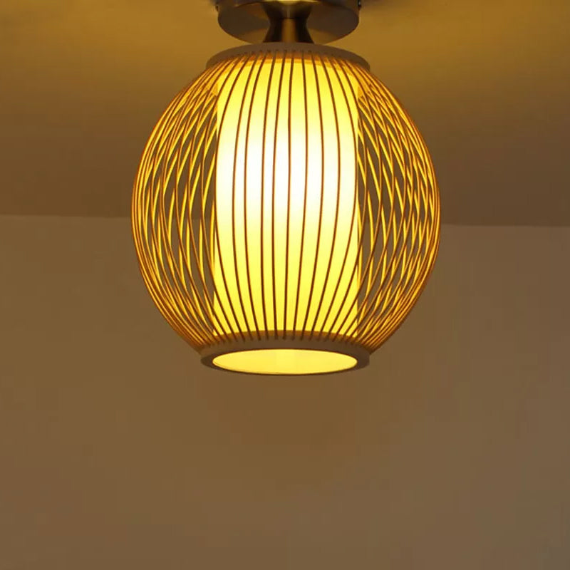 Asia 1-Head Ceiling Mounted Wood Pear/Globe Light Fixture with Bamboo Cage and Shade