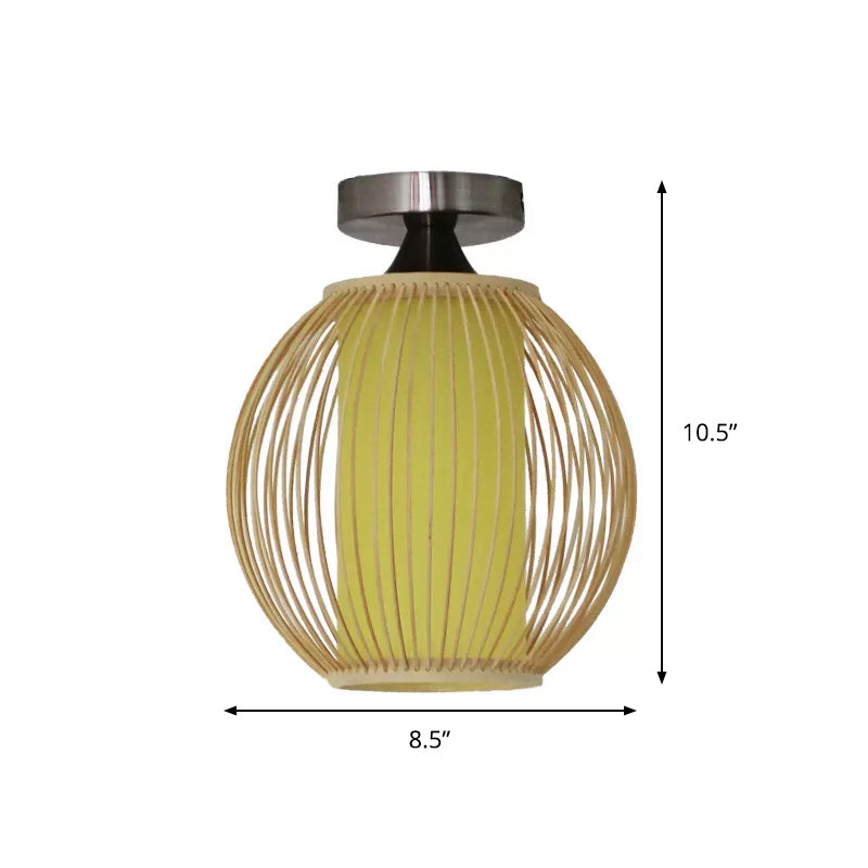 Asia 1-Head Ceiling Mounted Wood Pear/Globe Light Fixture with Bamboo Cage and Shade