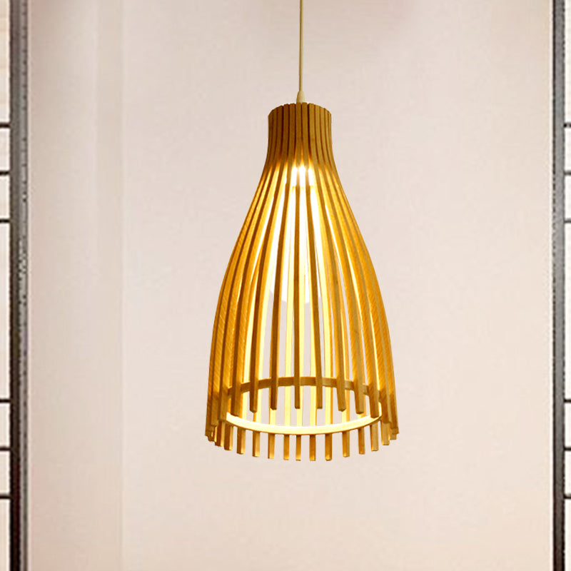 Japanese Conical Bamboo Strip Pendant Lamp - Natural Beige Hanging Ceiling Light For Tea House