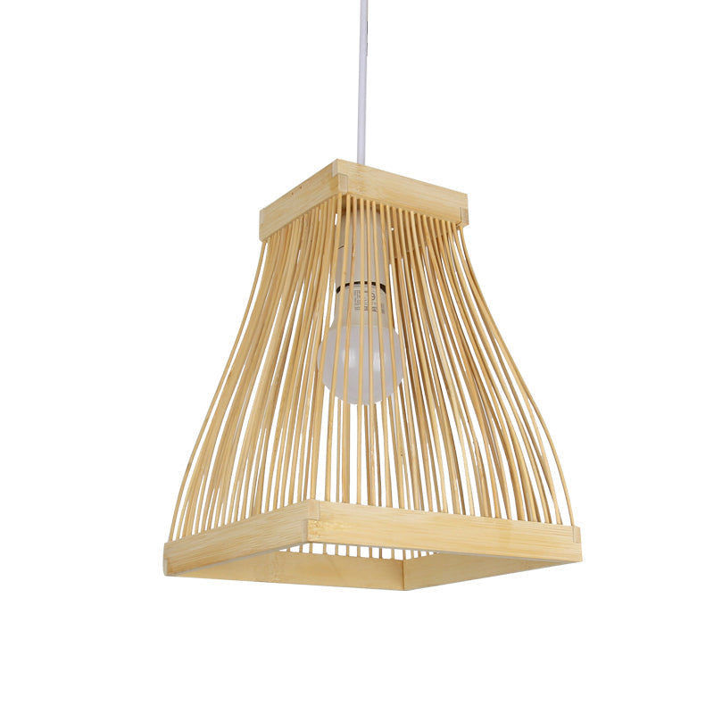 Asian Bamboo Strip Led Pendant Light Kit With Wood Trapezoid Frame Ceiling Lamp Fixture