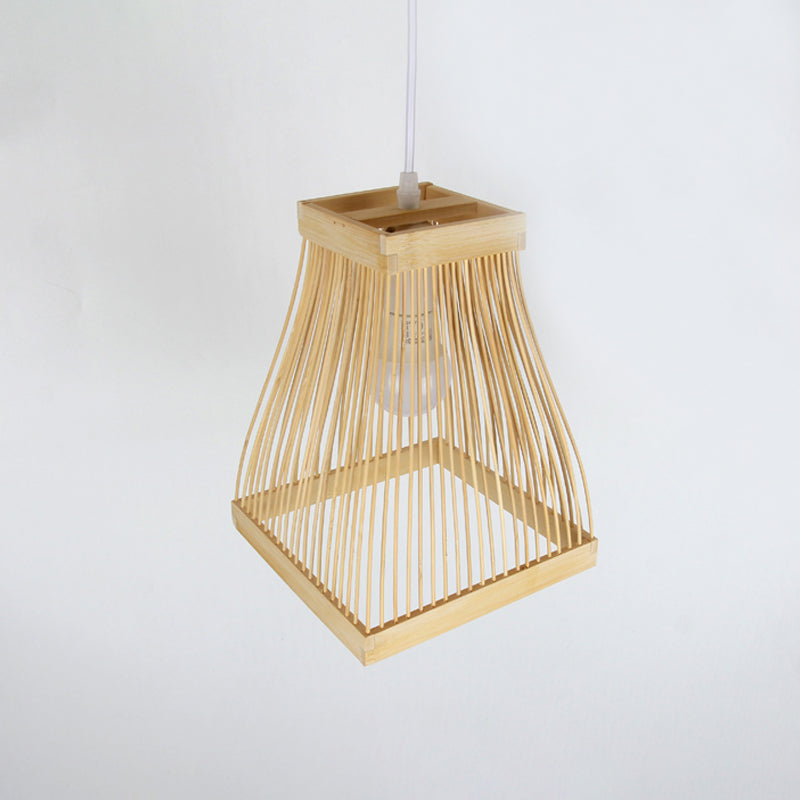 Asian Bamboo Strip Led Pendant Light Kit With Wood Trapezoid Frame Ceiling Lamp Fixture