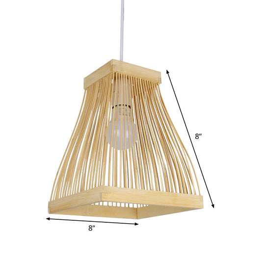 Asian Bamboo Strip Led Pendant Light Kit With Wood Trapezoid Frame Ceiling Lamp Fixture