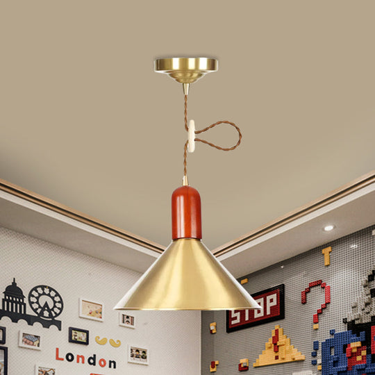 Vintage Style Gold Conical Pendant Ceiling Light With Extendable Hanging Lamp - 1-Light For Living