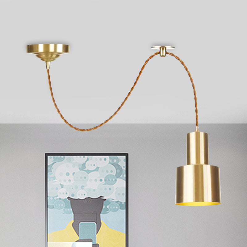 Industrial Gold Metallic Cylinder Pendant Light With Adjustable Ceiling Hang Fixture