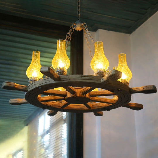 Coastal Wood Rudder Pendant Light Kit with Yellow Crackle Glass Shade - 8-Light Chandelier Lighting